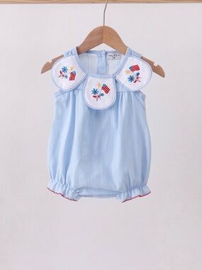 Light Blue Embroidered Collar Baby One-Piece